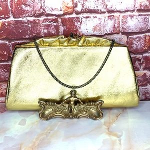 Vintage Gold Lame Convertible Framed Clutch Evening Bag